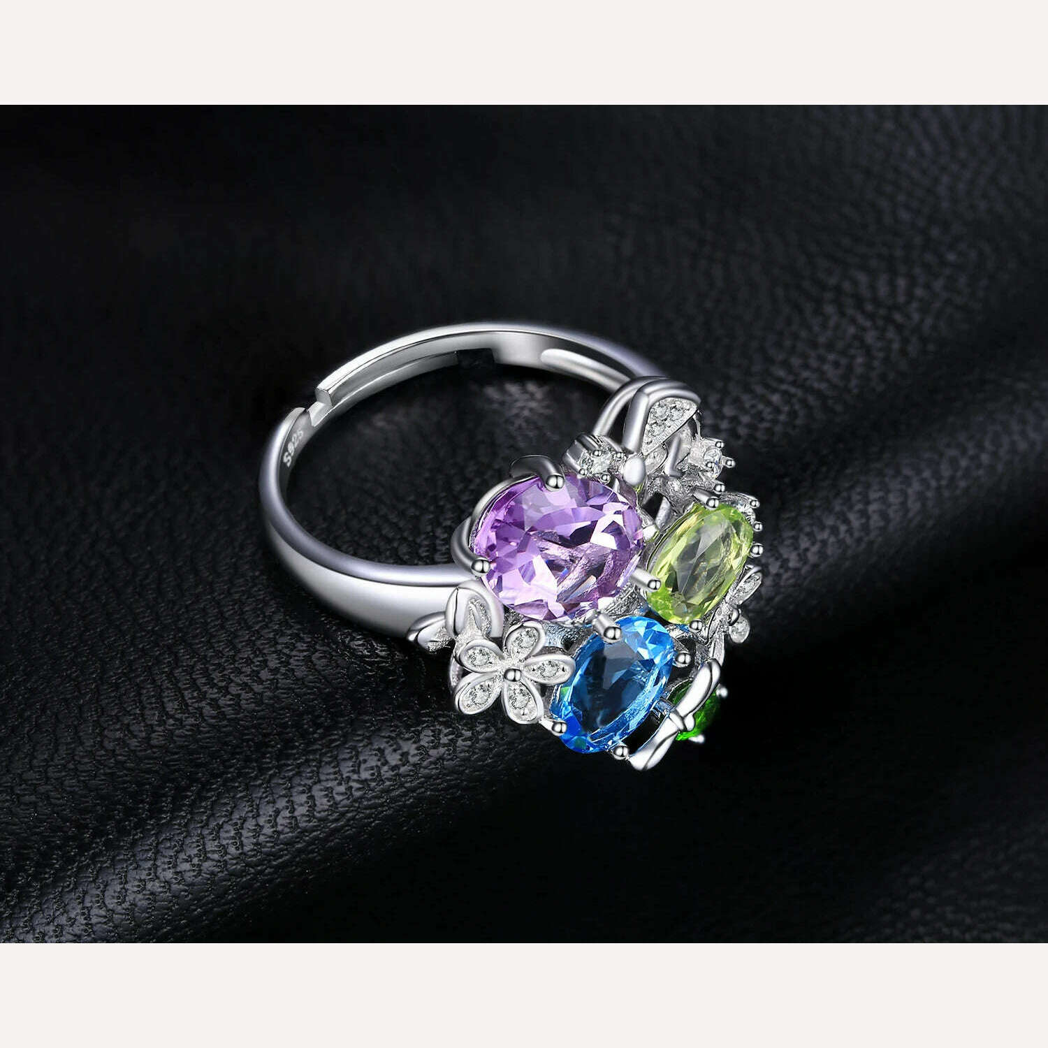 KIMLUD, JewelryPalace Flower Natural Amethyst Blue Topaz Peridot Chrome Diopside Open Adjustable Cocktail Ring 925 Sterling Silver Women, KIMLUD Womens Clothes