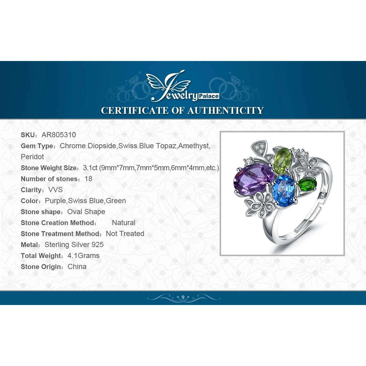 KIMLUD, JewelryPalace Flower Natural Amethyst Blue Topaz Peridot Chrome Diopside Open Adjustable Cocktail Ring 925 Sterling Silver Women, KIMLUD Womens Clothes