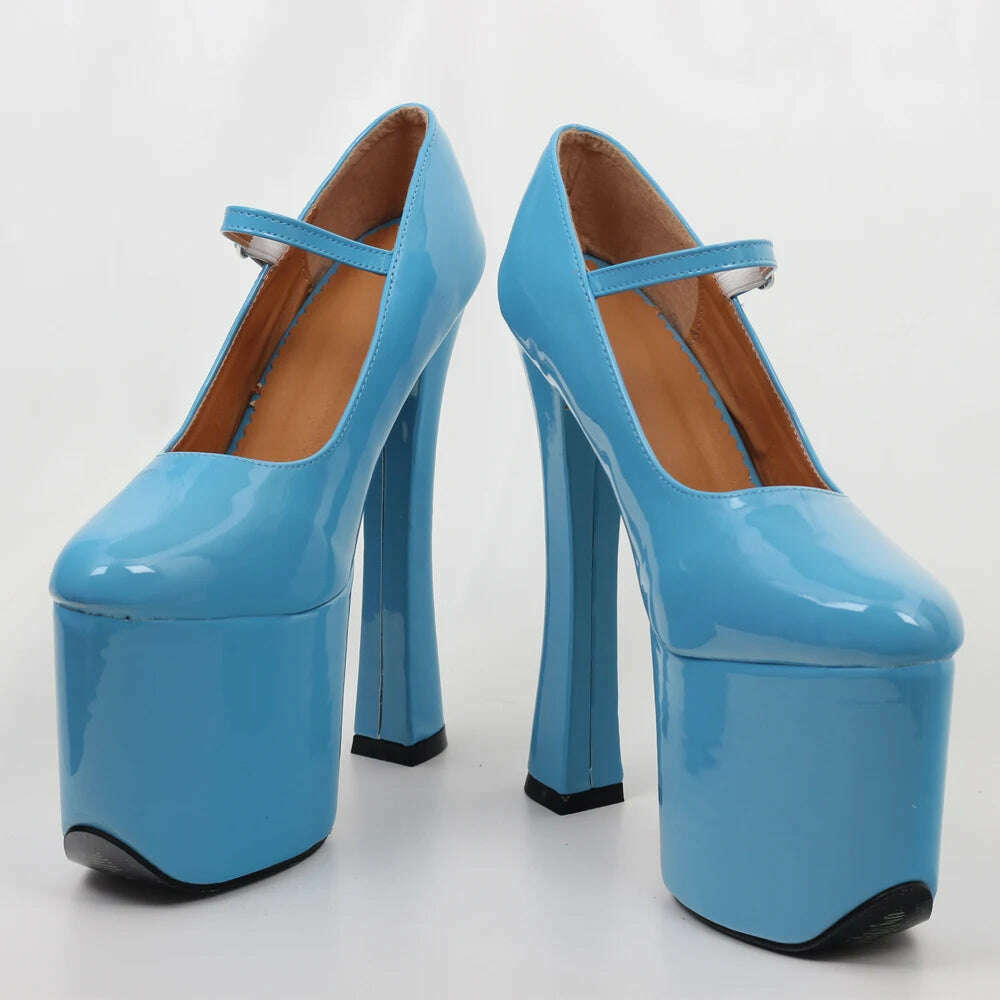 jialuowei Black patent platform Mary Janes Pumps with chunky 7 1/2" heel with 3 1/2" platform high heel pumps Cosplay shoes - KIMLUD