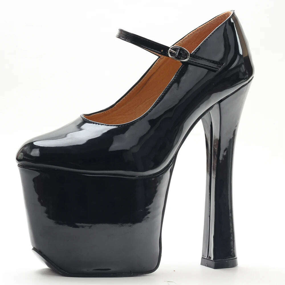 jialuowei Black patent platform Mary Janes Pumps with chunky 7 1/2" heel with 3 1/2" platform high heel pumps Cosplay shoes - KIMLUD