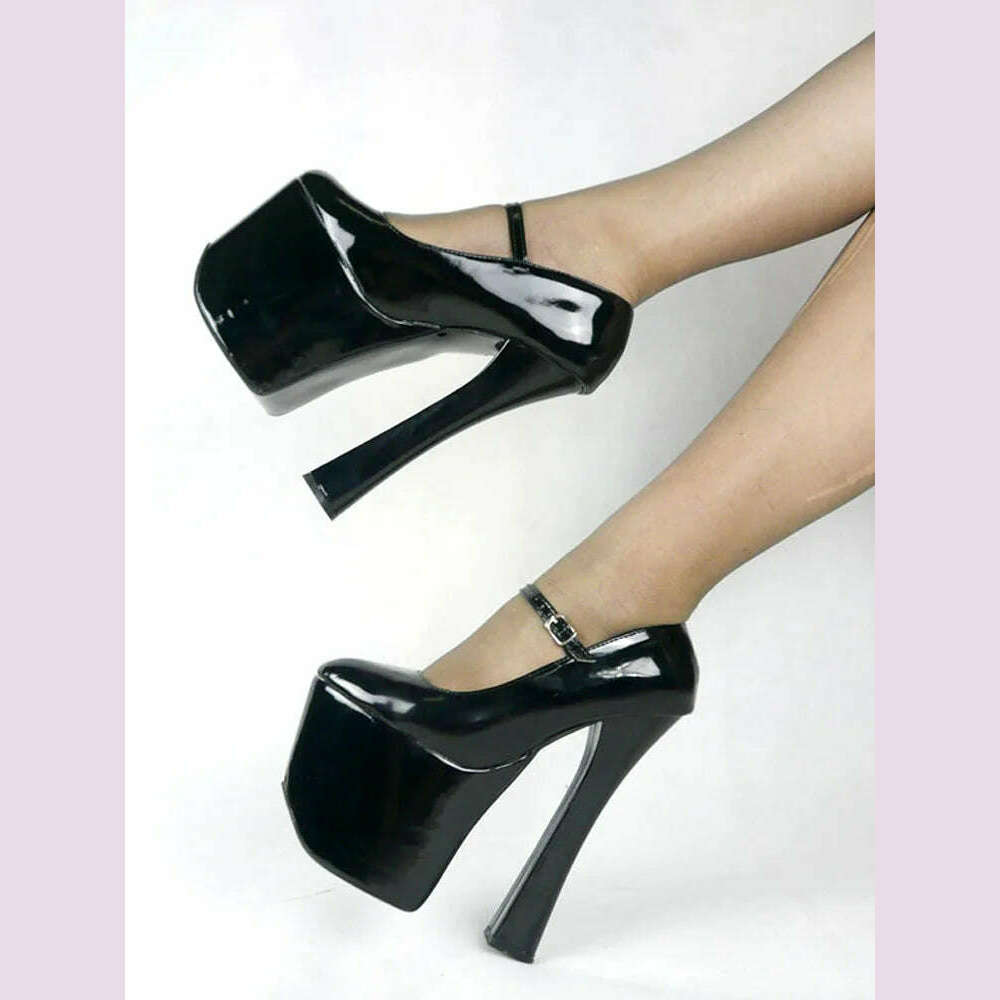 jialuowei Black patent platform Mary Janes Pumps with chunky 7 1/2" heel with 3 1/2" platform high heel pumps Cosplay shoes - KIMLUD