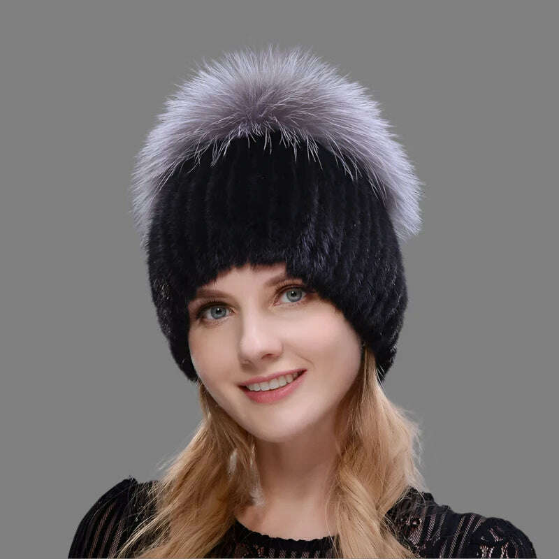 JINBAOSEN Style Winter Female Fur Hat Mink Fur Plus Fox Fur Stitching Knit Liner Fur Ski Hat Free Shipping - KIMLUD