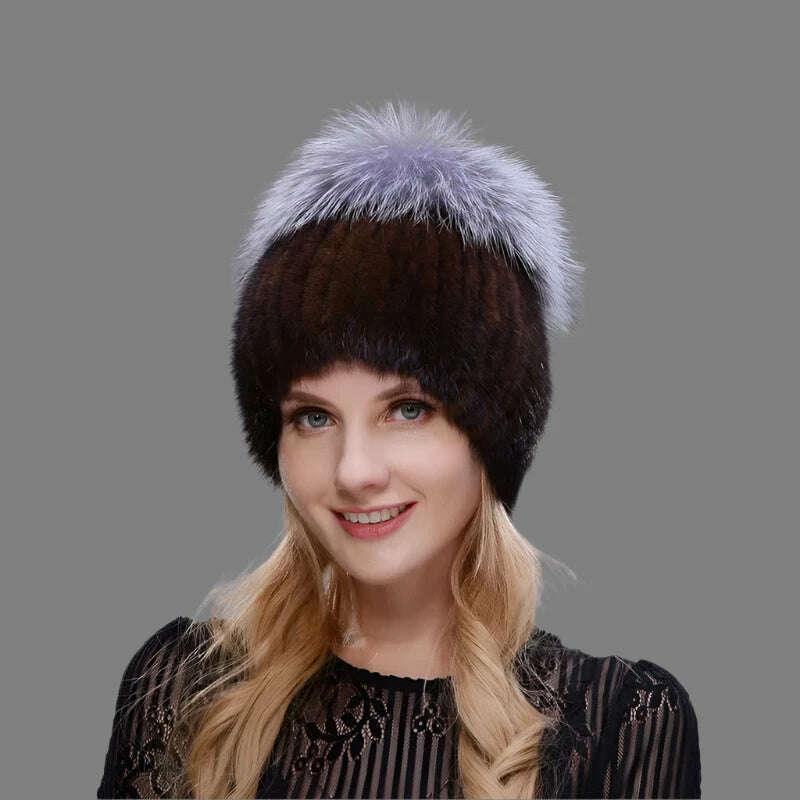 JINBAOSEN Style Winter Female Fur Hat Mink Fur Plus Fox Fur Stitching Knit Liner Fur Ski Hat Free Shipping - KIMLUD