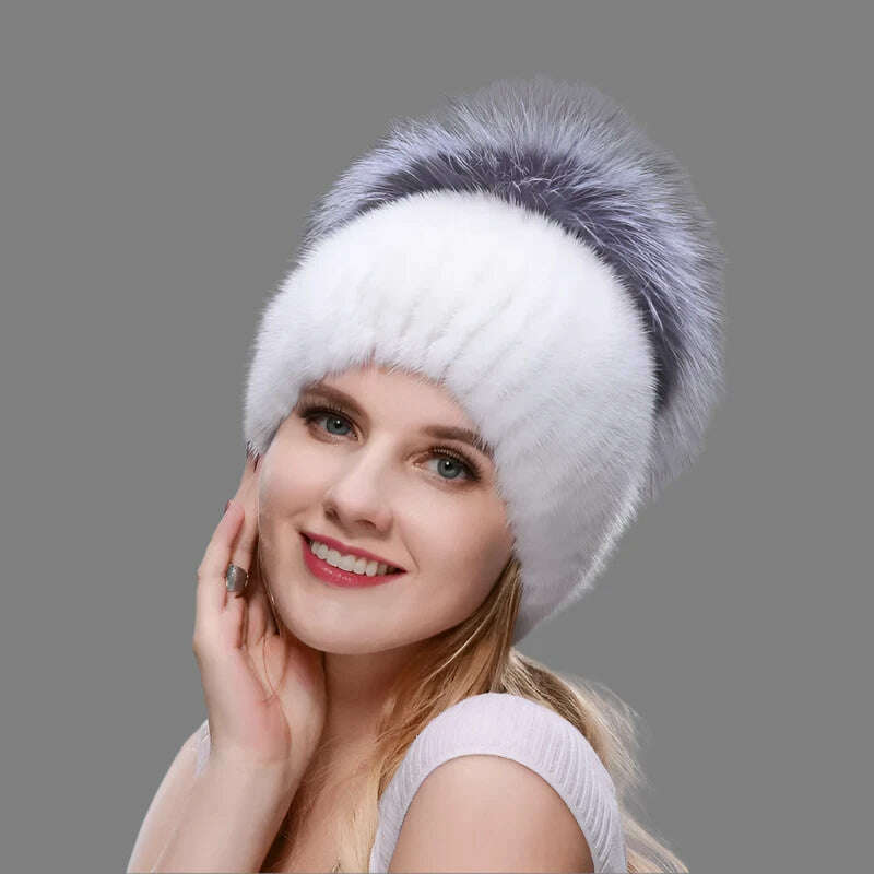 JINBAOSEN Style Winter Female Fur Hat Mink Fur Plus Fox Fur Stitching Knit Liner Fur Ski Hat Free Shipping - KIMLUD