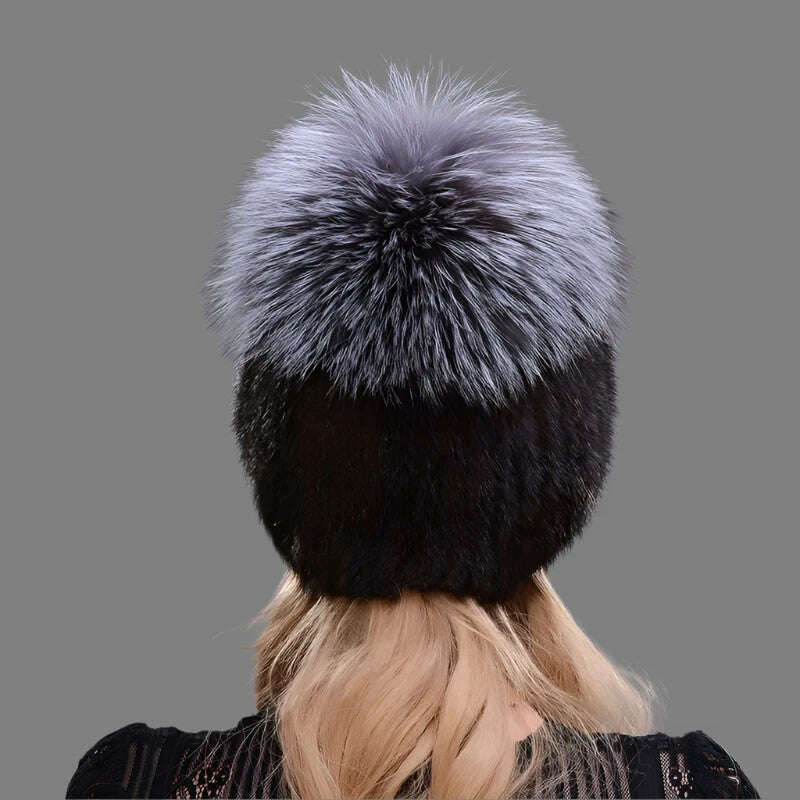 JINBAOSEN Style Winter Female Fur Hat Mink Fur Plus Fox Fur Stitching Knit Liner Fur Ski Hat Free Shipping - KIMLUD
