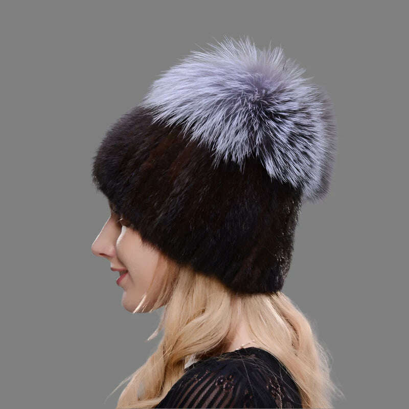 JINBAOSEN Style Winter Female Fur Hat Mink Fur Plus Fox Fur Stitching Knit Liner Fur Ski Hat Free Shipping - KIMLUD
