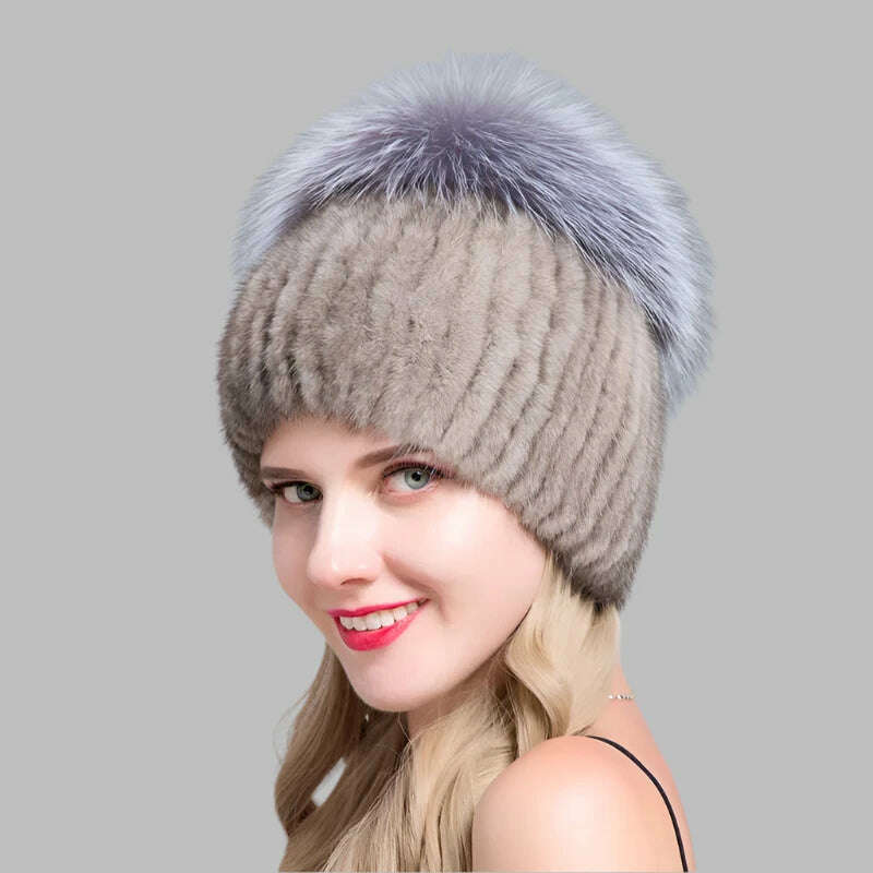 JINBAOSEN Style Winter Female Fur Hat Mink Fur Plus Fox Fur Stitching Knit Liner Fur Ski Hat Free Shipping - KIMLUD