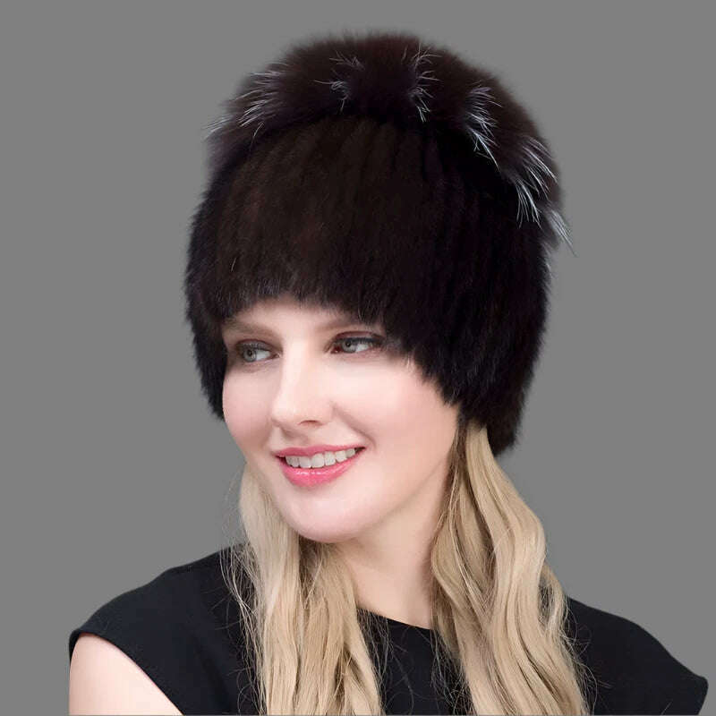 JINBAOSEN Style Winter Female Fur Hat Mink Fur Plus Fox Fur Stitching Knit Liner Fur Ski Hat Free Shipping - KIMLUD