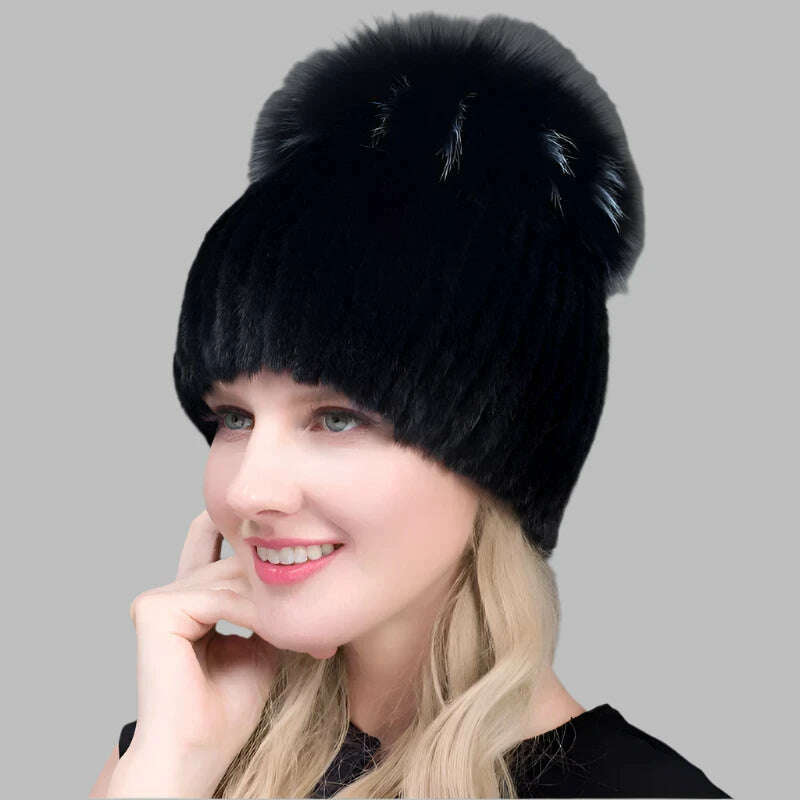 JINBAOSEN Style Winter Female Fur Hat Mink Fur Plus Fox Fur Stitching Knit Liner Fur Ski Hat Free Shipping - KIMLUD