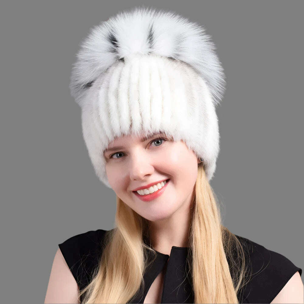 JINBAOSEN Style Winter Female Fur Hat Mink Fur Plus Fox Fur Stitching Knit Liner Fur Ski Hat Free Shipping - KIMLUD