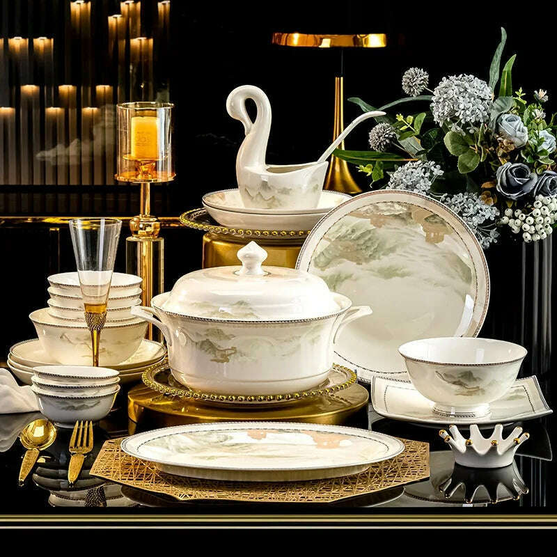Jingdezhen dish set housewarming tableware set bowl and plate ceramic tableware set light luxury plate bowl - KIMLUD