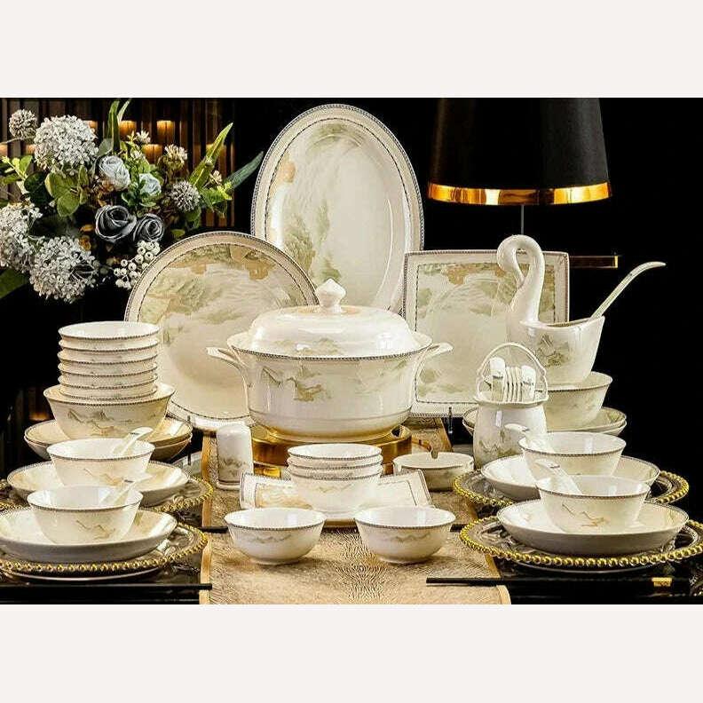 Jingdezhen dish set housewarming tableware set bowl and plate ceramic tableware set light luxury plate bowl - KIMLUD