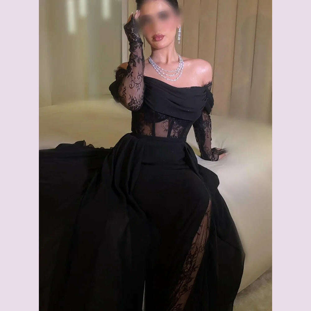 Jirocum Elegant A-Line Prom Dress Women's Off Shoulder Sexy Lace Party Evening Gown Black Floor Length Special Occasion Gowns - KIMLUD
