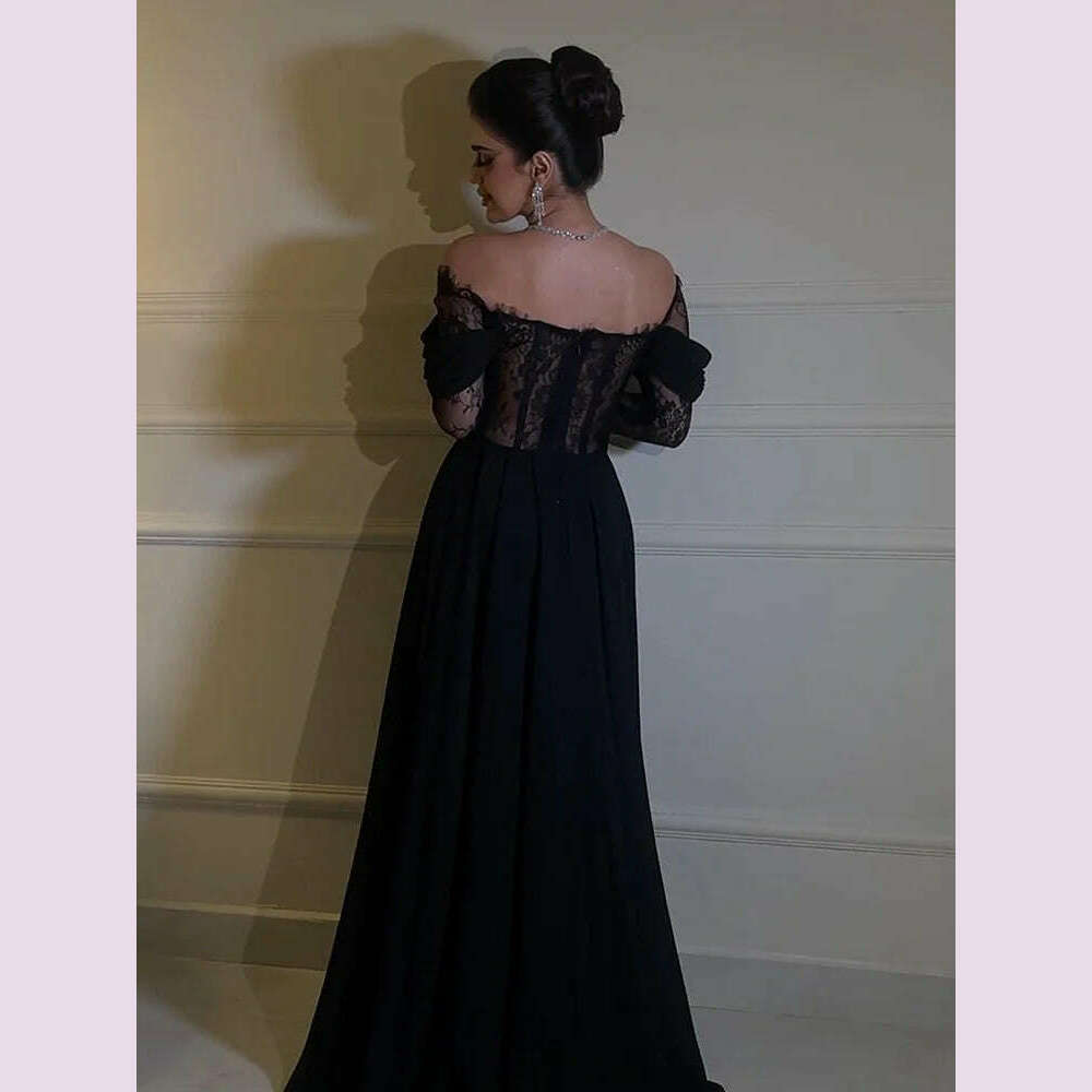 Jirocum Elegant A-Line Prom Dress Women's Off Shoulder Sexy Lace Party Evening Gown Black Floor Length Special Occasion Gowns - KIMLUD
