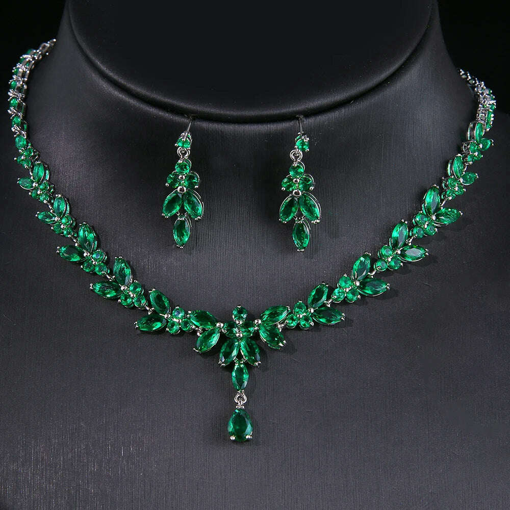 JMK Luxury Emerald Bridal Wedding Jewelry Sets Green Stone AAA Cubic Zirconia Pendant Necklace Earrings Sets Party Dinner Wear - KIMLUD
