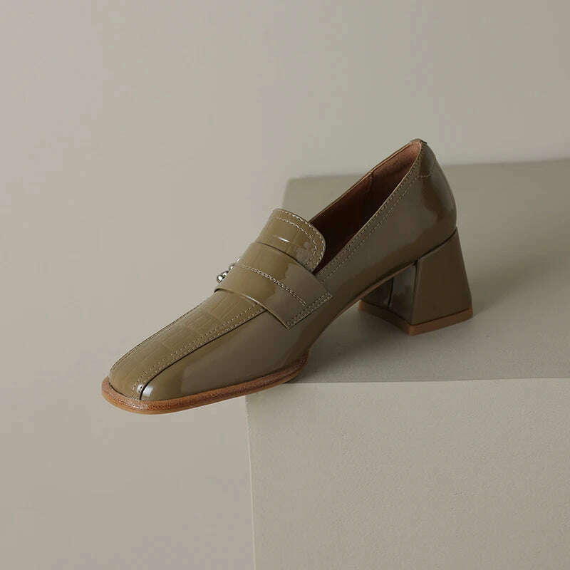KIMLUD, 【JOCHEBED HU】Fall Shoes Genuine Leather Woman Shoes Square Toe Chunky Heel Shoes Slip-On Pumps Solid High Heels Classics Ladies, KIMLUD Womens Clothes