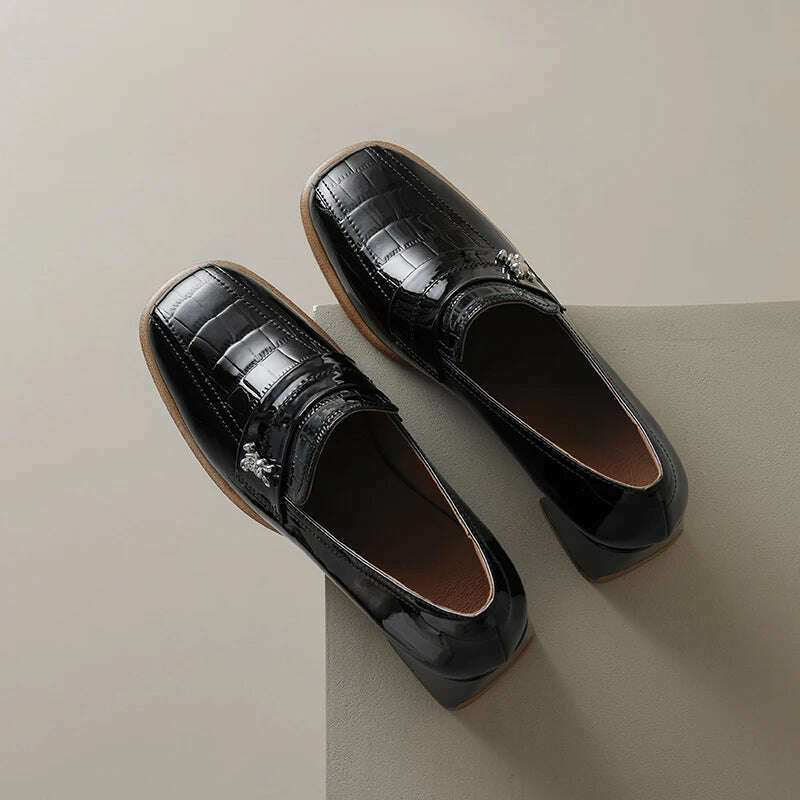 KIMLUD, 【JOCHEBED HU】Fall Shoes Genuine Leather Woman Shoes Square Toe Chunky Heel Shoes Slip-On Pumps Solid High Heels Classics Ladies, KIMLUD Womens Clothes