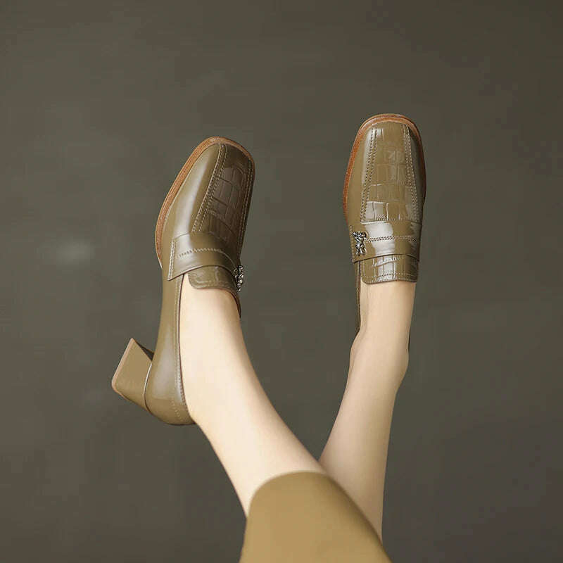 KIMLUD, 【JOCHEBED HU】Fall Shoes Genuine Leather Woman Shoes Square Toe Chunky Heel Shoes Slip-On Pumps Solid High Heels Classics Ladies, KIMLUD Womens Clothes