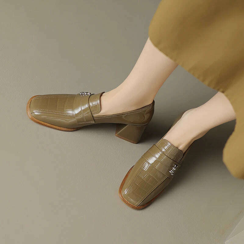 KIMLUD, 【JOCHEBED HU】Fall Shoes Genuine Leather Woman Shoes Square Toe Chunky Heel Shoes Slip-On Pumps Solid High Heels Classics Ladies, KIMLUD Womens Clothes