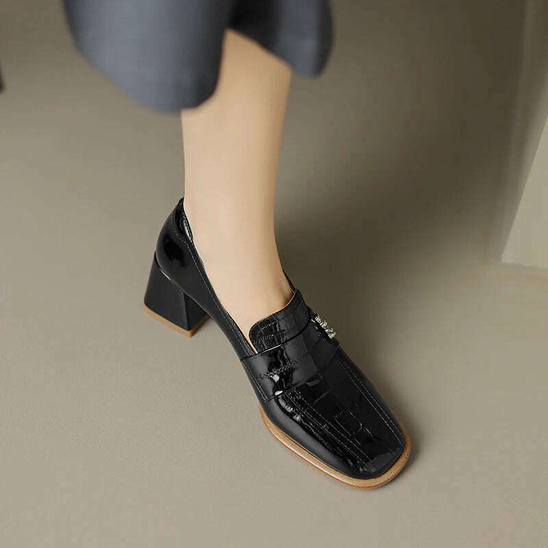 KIMLUD, 【JOCHEBED HU】Fall Shoes Genuine Leather Woman Shoes Square Toe Chunky Heel Shoes Slip-On Pumps Solid High Heels Classics Ladies, KIMLUD Womens Clothes