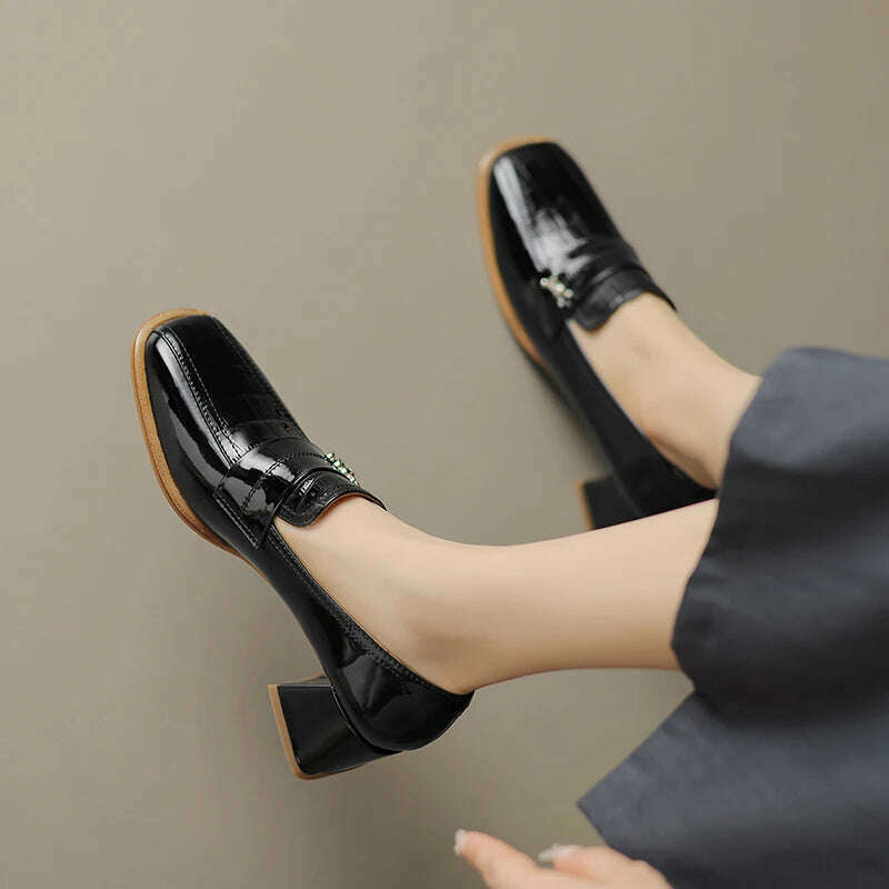 KIMLUD, 【JOCHEBED HU】Fall Shoes Genuine Leather Woman Shoes Square Toe Chunky Heel Shoes Slip-On Pumps Solid High Heels Classics Ladies, KIMLUD Womens Clothes