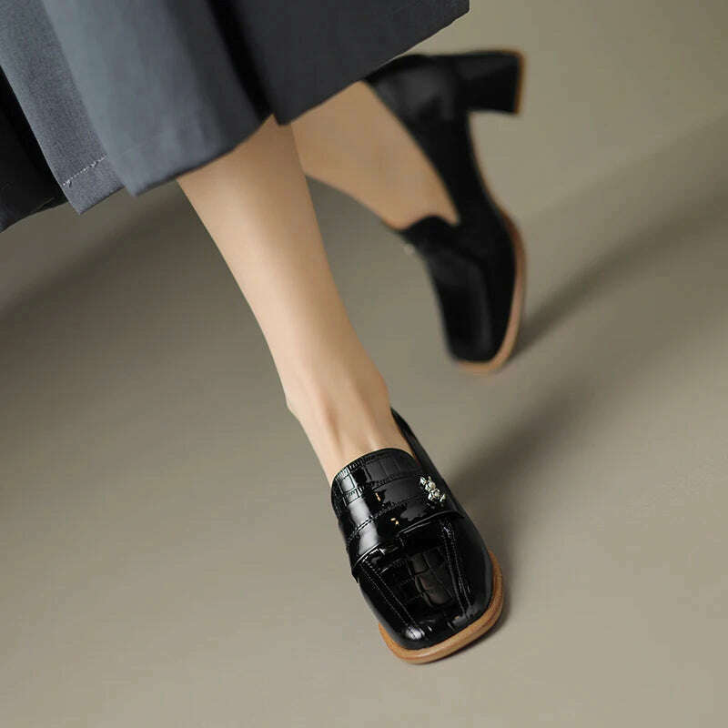 KIMLUD, 【JOCHEBED HU】Fall Shoes Genuine Leather Woman Shoes Square Toe Chunky Heel Shoes Slip-On Pumps Solid High Heels Classics Ladies, KIMLUD Womens Clothes
