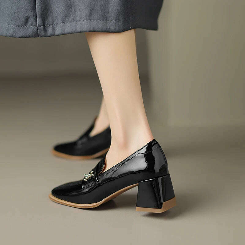 KIMLUD, 【JOCHEBED HU】Fall Shoes Genuine Leather Woman Shoes Square Toe Chunky Heel Shoes Slip-On Pumps Solid High Heels Classics Ladies, KIMLUD Womens Clothes