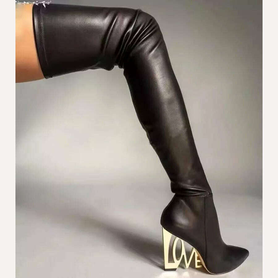 KIMLUD, 【JOCHEBED HU】Gold Plated Heel Love Wedge Bootie elasticity Pointy Toe Full Stretch Over the Knee Boots Size 33-44, KIMLUD Womens Clothes