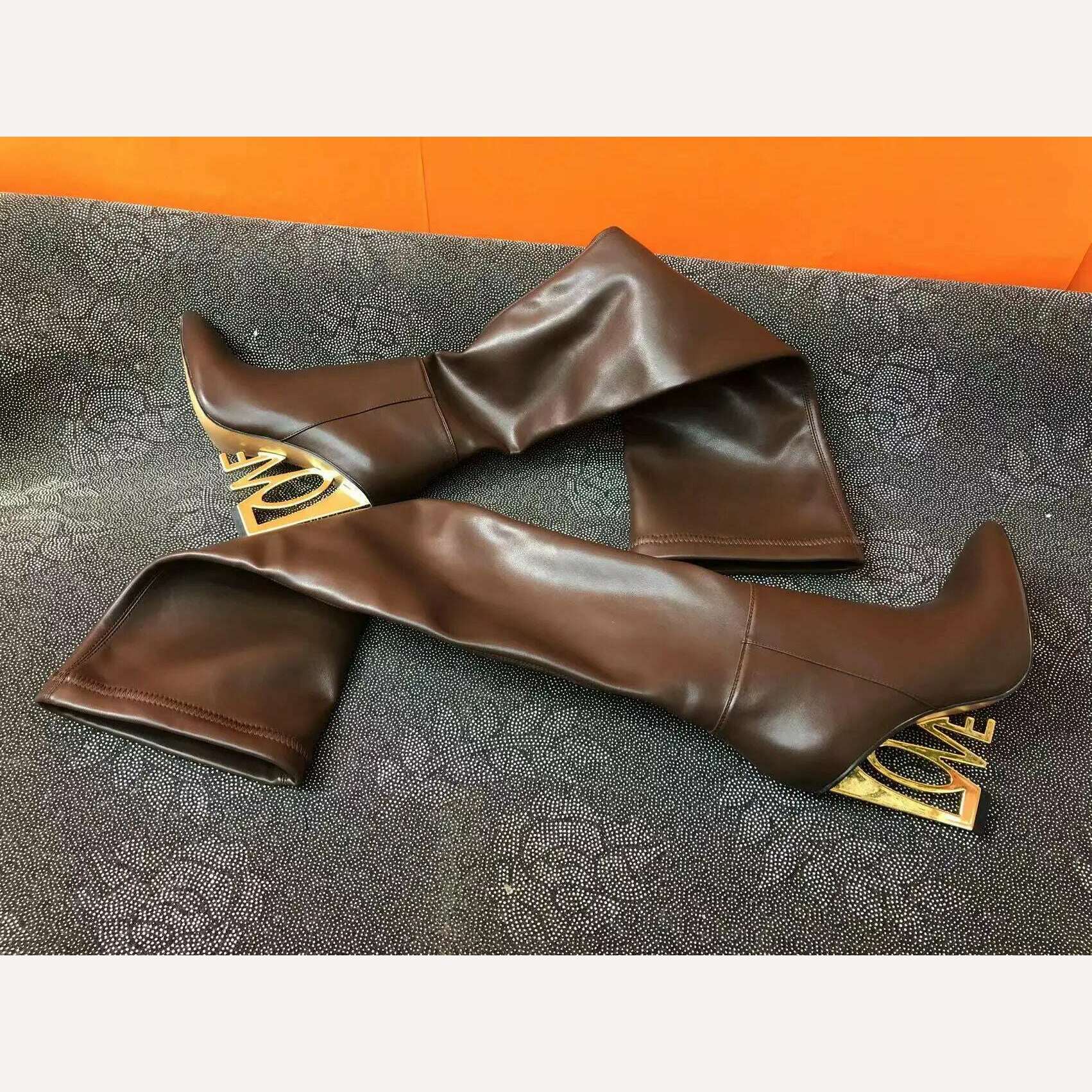 KIMLUD, 【JOCHEBED HU】Gold Plated Heel Love Wedge Bootie elasticity Pointy Toe Full Stretch Over the Knee Boots Size 33-44, brown / 33, KIMLUD APPAREL - Womens Clothes