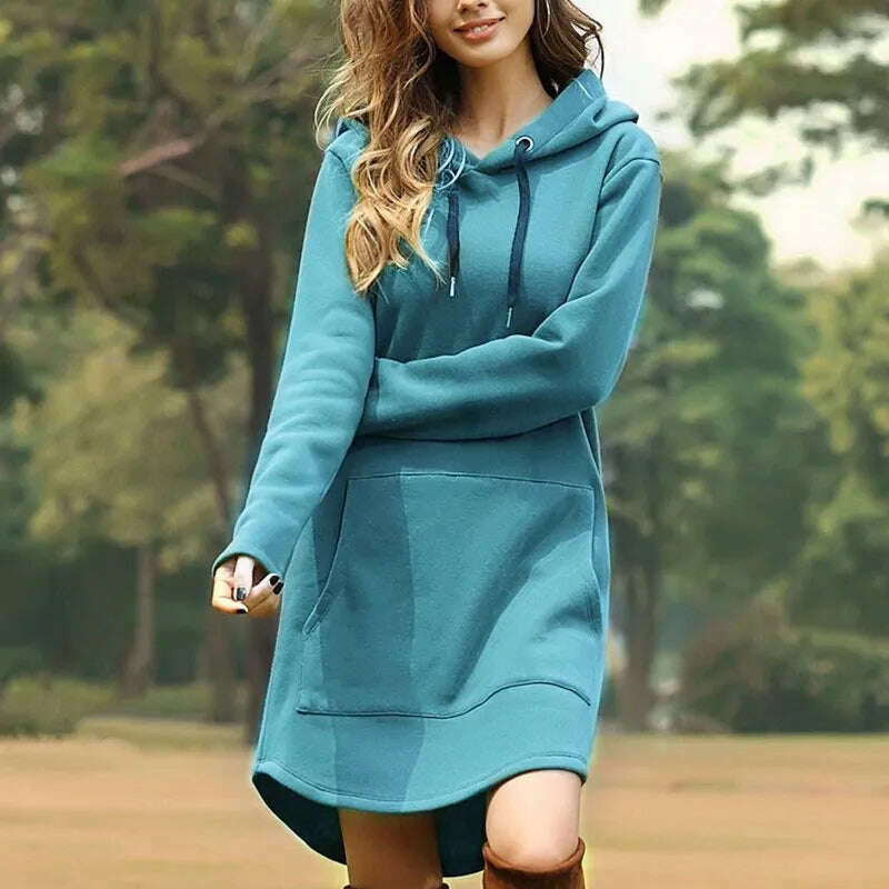 KIMLUD, Jocoo Jolee Casual Loose Solid Women Hoodies Long Style Sweatshirt Casual Pocket Oversized Hoodie kpop Hoody Dress Pullover, Blue / S, KIMLUD Womens Clothes