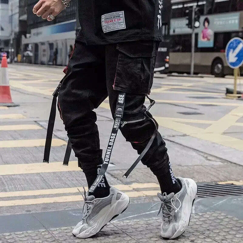 Joggers Cargo Pants for Men Casual Hip Hop Hit Color Pocket Male Trousers Sweatpants Streetwear Ribbons Techwear Pants - KIMLUD