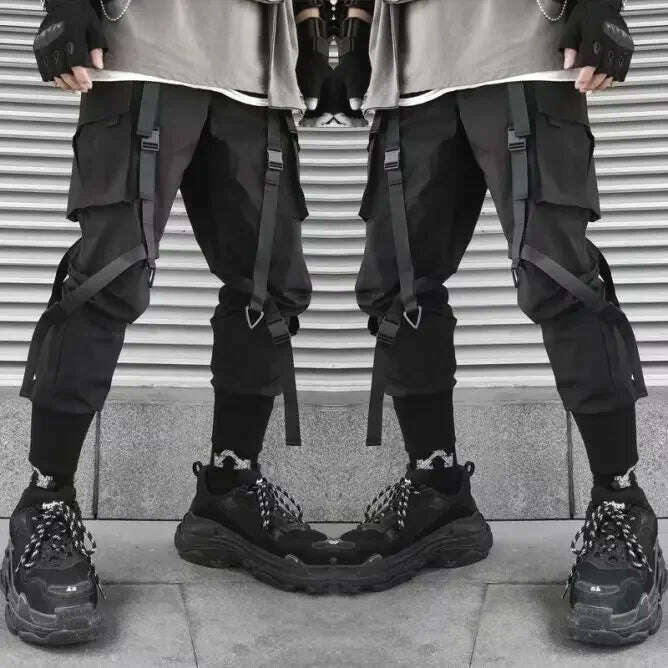 Joggers Cargo Pants for Men Casual Hip Hop Hit Color Pocket Male Trousers Sweatpants Streetwear Ribbons Techwear Pants - KIMLUD