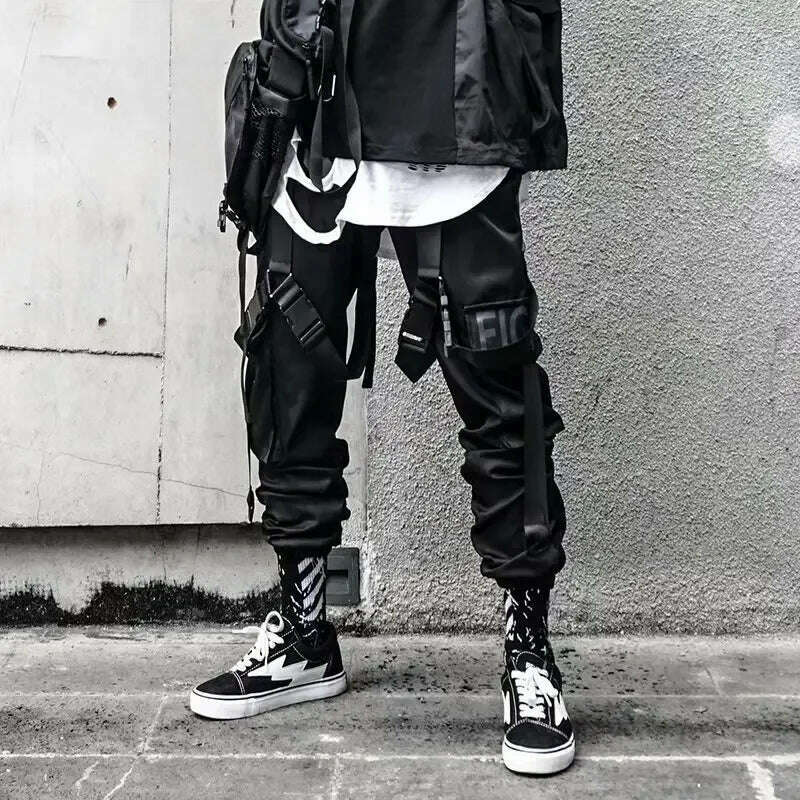 Joggers Cargo Pants for Men Casual Hip Hop Hit Color Pocket Male Trousers Sweatpants Streetwear Ribbons Techwear Pants - KIMLUD