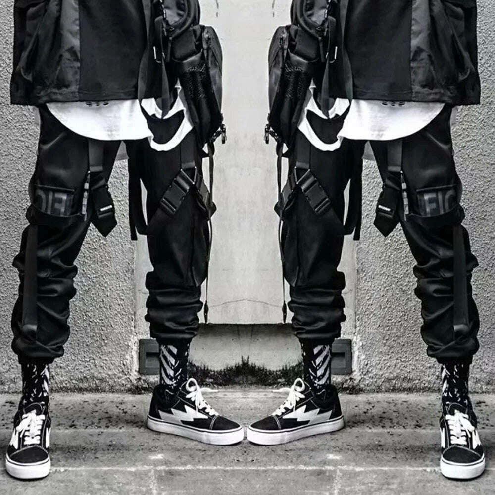 Joggers Cargo Pants for Men Casual Hip Hop Hit Color Pocket Male Trousers Sweatpants Streetwear Ribbons Techwear Pants - KIMLUD