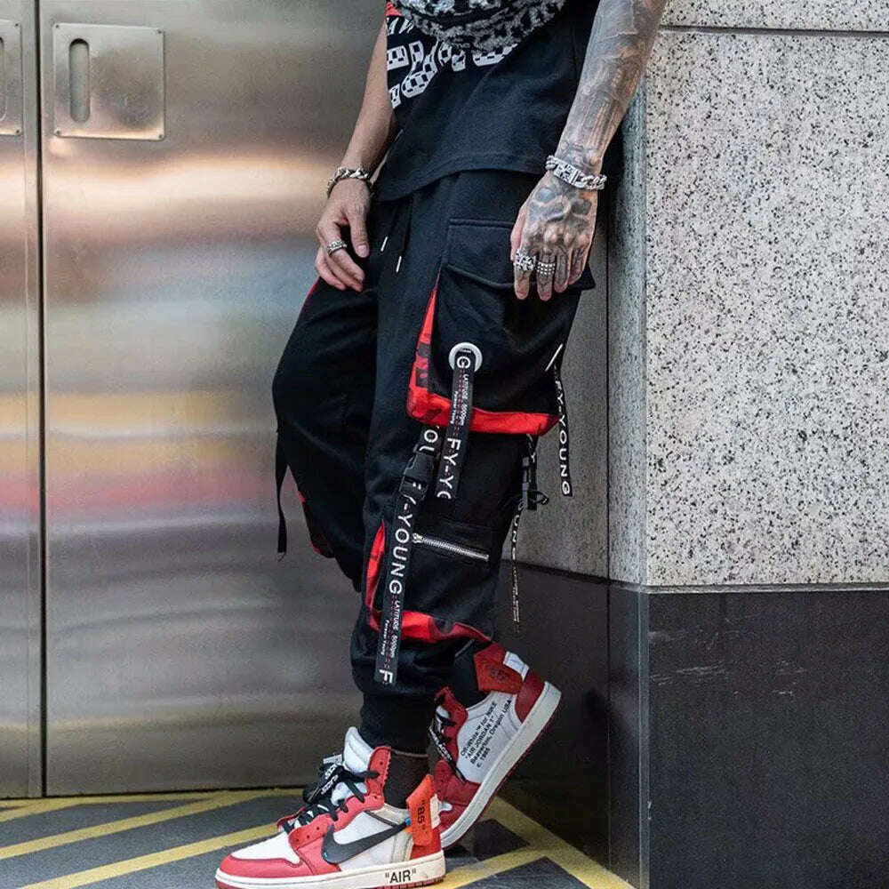 Joggers Cargo Pants for Men Casual Hip Hop Hit Color Pocket Male Trousers Sweatpants Streetwear Ribbons Techwear Pants - KIMLUD