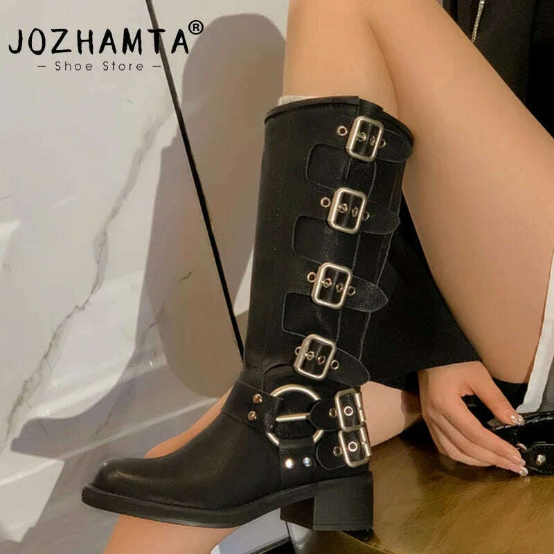 KIMLUD, JOZHAMTA Size 34-42 Vintage Women Knee-High Boots Fashion Pleated Thick Heels Genuine Leather Shoes Woman Autumn Winter Retro, KIMLUD Womens Clothes