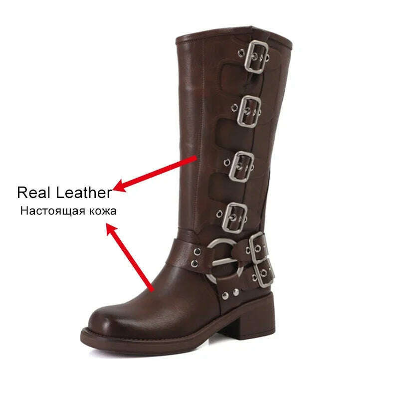 KIMLUD, JOZHAMTA Size 34-42 Vintage Women Knee-High Boots Fashion Pleated Thick Heels Genuine Leather Shoes Woman Autumn Winter Retro, KIMLUD Womens Clothes