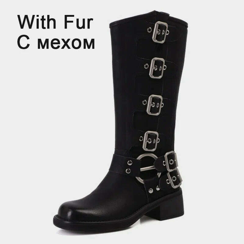 KIMLUD, JOZHAMTA Size 34-42 Vintage Women Knee-High Boots Fashion Pleated Thick Heels Genuine Leather Shoes Woman Autumn Winter Retro, black with fur / 34, KIMLUD APPAREL - Womens Clothes