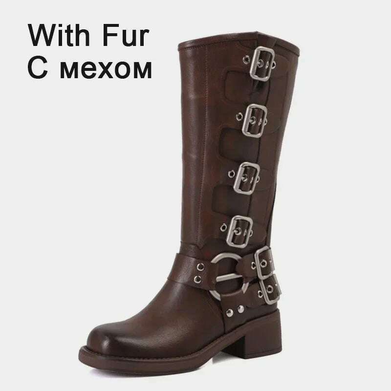 KIMLUD, JOZHAMTA Size 34-42 Vintage Women Knee-High Boots Fashion Pleated Thick Heels Genuine Leather Shoes Woman Autumn Winter Retro, brown with fur / 34, KIMLUD APPAREL - Womens Clothes
