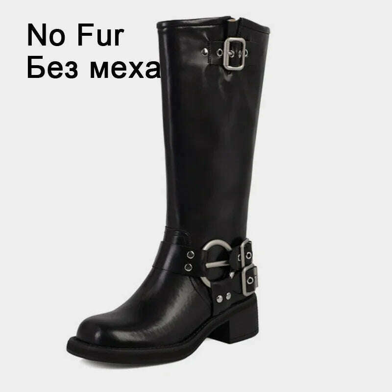 KIMLUD, JOZHAMTA Size 34-42 Vintage Women Knee-High Boots Fashion Pleated Thick Heels Genuine Leather Shoes Woman Autumn Winter Retro, black no fur 1 / 34, KIMLUD APPAREL - Womens Clothes