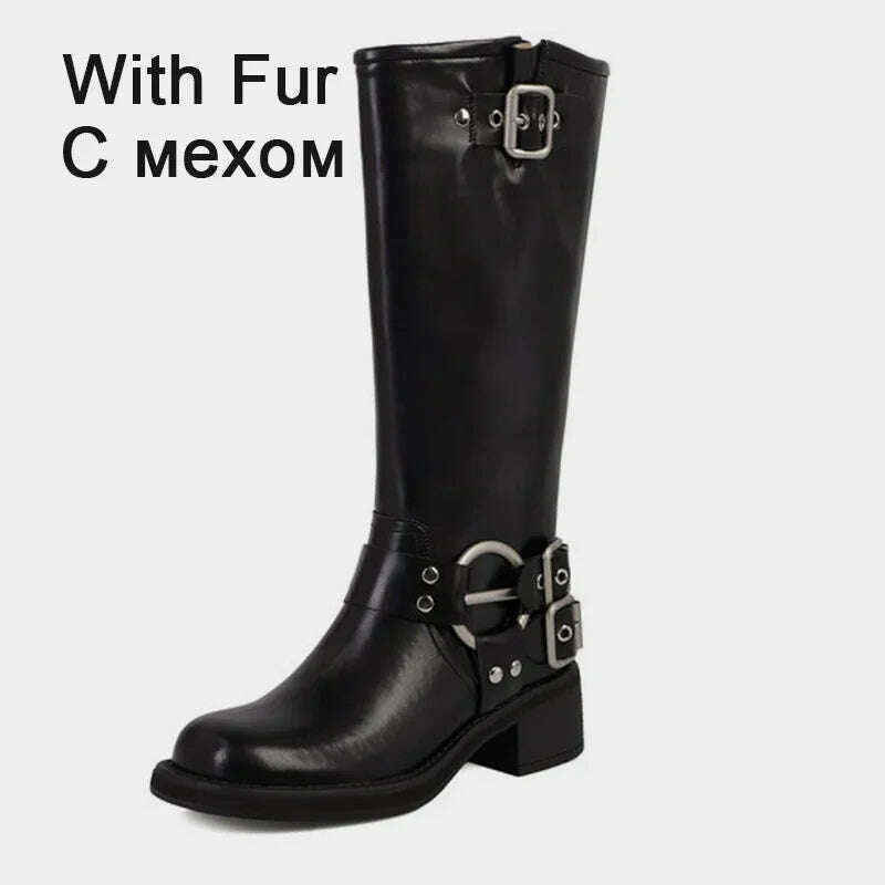 KIMLUD, JOZHAMTA Size 34-42 Vintage Women Knee-High Boots Fashion Pleated Thick Heels Genuine Leather Shoes Woman Autumn Winter Retro, black with fur 1 / 34, KIMLUD APPAREL - Womens Clothes