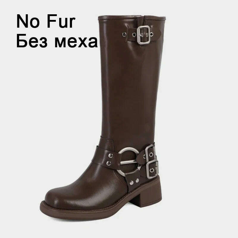KIMLUD, JOZHAMTA Size 34-42 Vintage Women Knee-High Boots Fashion Pleated Thick Heels Genuine Leather Shoes Woman Autumn Winter Retro, brown no fur 1 / 34, KIMLUD APPAREL - Womens Clothes