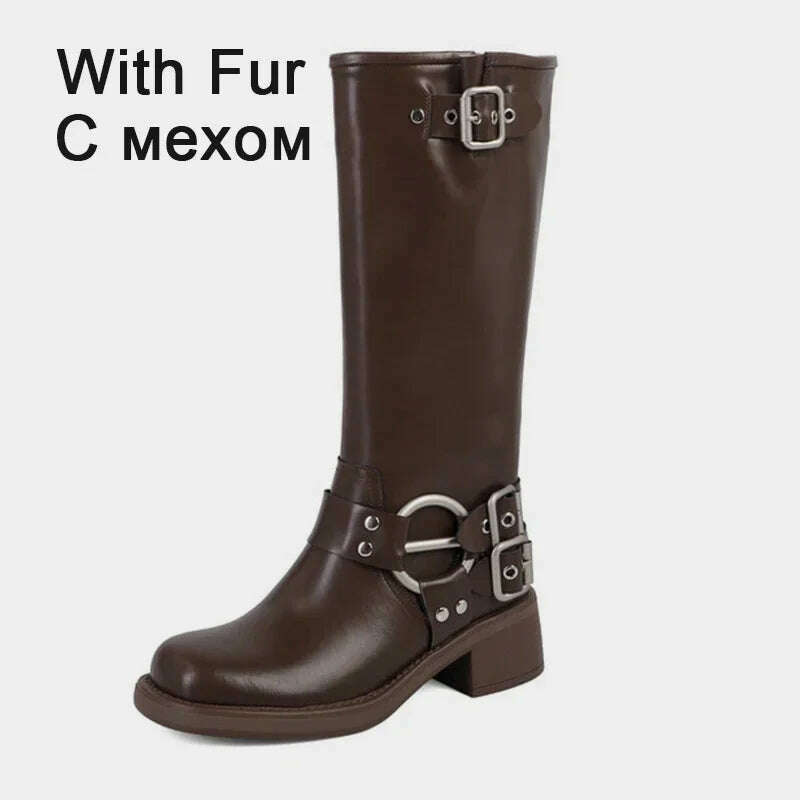 KIMLUD, JOZHAMTA Size 34-42 Vintage Women Knee-High Boots Fashion Pleated Thick Heels Genuine Leather Shoes Woman Autumn Winter Retro, brown with fur 1 / 34, KIMLUD APPAREL - Womens Clothes