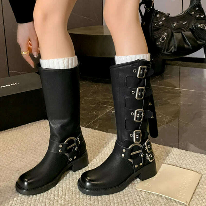 KIMLUD, JOZHAMTA Size 34-42 Vintage Women Knee-High Boots Fashion Pleated Thick Heels Genuine Leather Shoes Woman Autumn Winter Retro, KIMLUD Womens Clothes