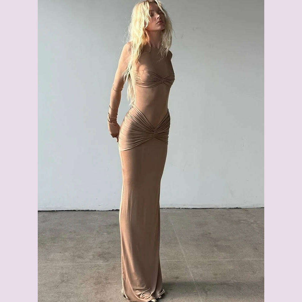 JULISSA MO Elegant Round Neck Ruched Maxi Dress For Women Khaki Long Sleeve Evening Dress Female Winter New Party Women Clothing - KIMLUD