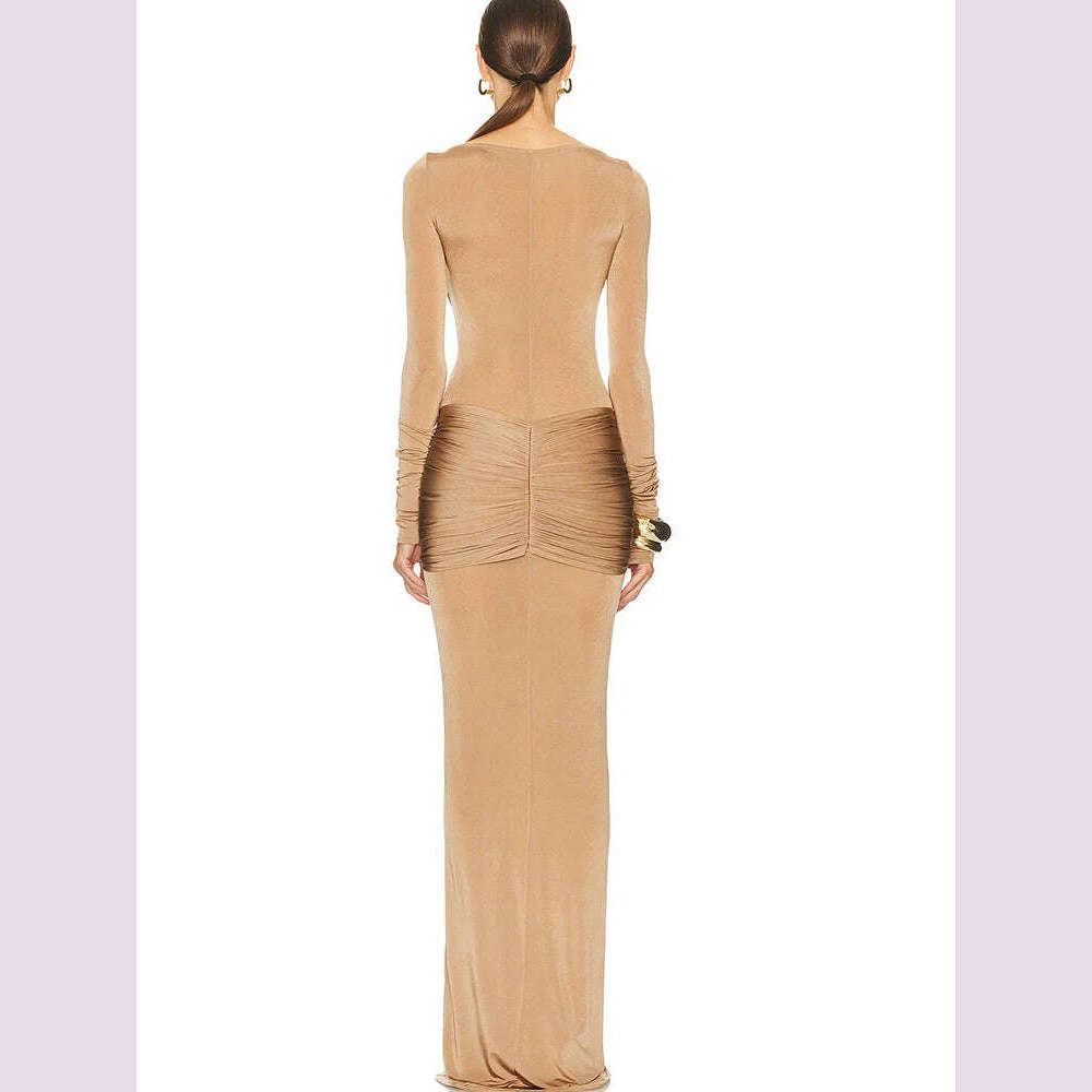 JULISSA MO Elegant Round Neck Ruched Maxi Dress For Women Khaki Long Sleeve Evening Dress Female Winter New Party Women Clothing - KIMLUD