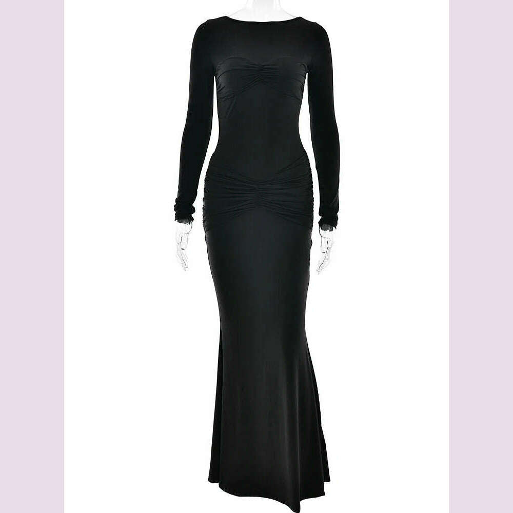 JULISSA MO Elegant Round Neck Ruched Maxi Dress For Women Khaki Long Sleeve Evening Dress Female Winter New Party Women Clothing - KIMLUD