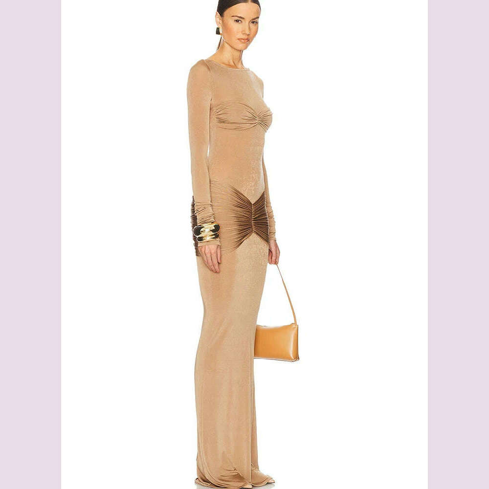 JULISSA MO Elegant Round Neck Ruched Maxi Dress For Women Khaki Long Sleeve Evening Dress Female Winter New Party Women Clothing - KIMLUD