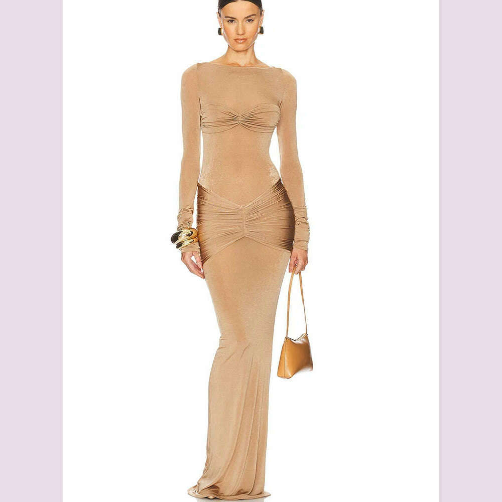 JULISSA MO Elegant Round Neck Ruched Maxi Dress For Women Khaki Long Sleeve Evening Dress Female Winter New Party Women Clothing - KIMLUD