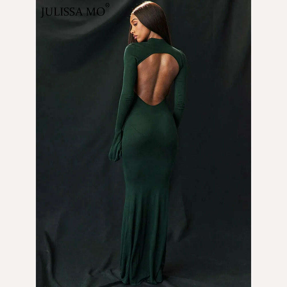KIMLUD, JULISSA MO Elegant Women's Sexy Backless Long Sleeve O-Neck Evening Dress For Femme Autumn Slim Bodycon Party Maxi Dress 2023, KIMLUD Womens Clothes